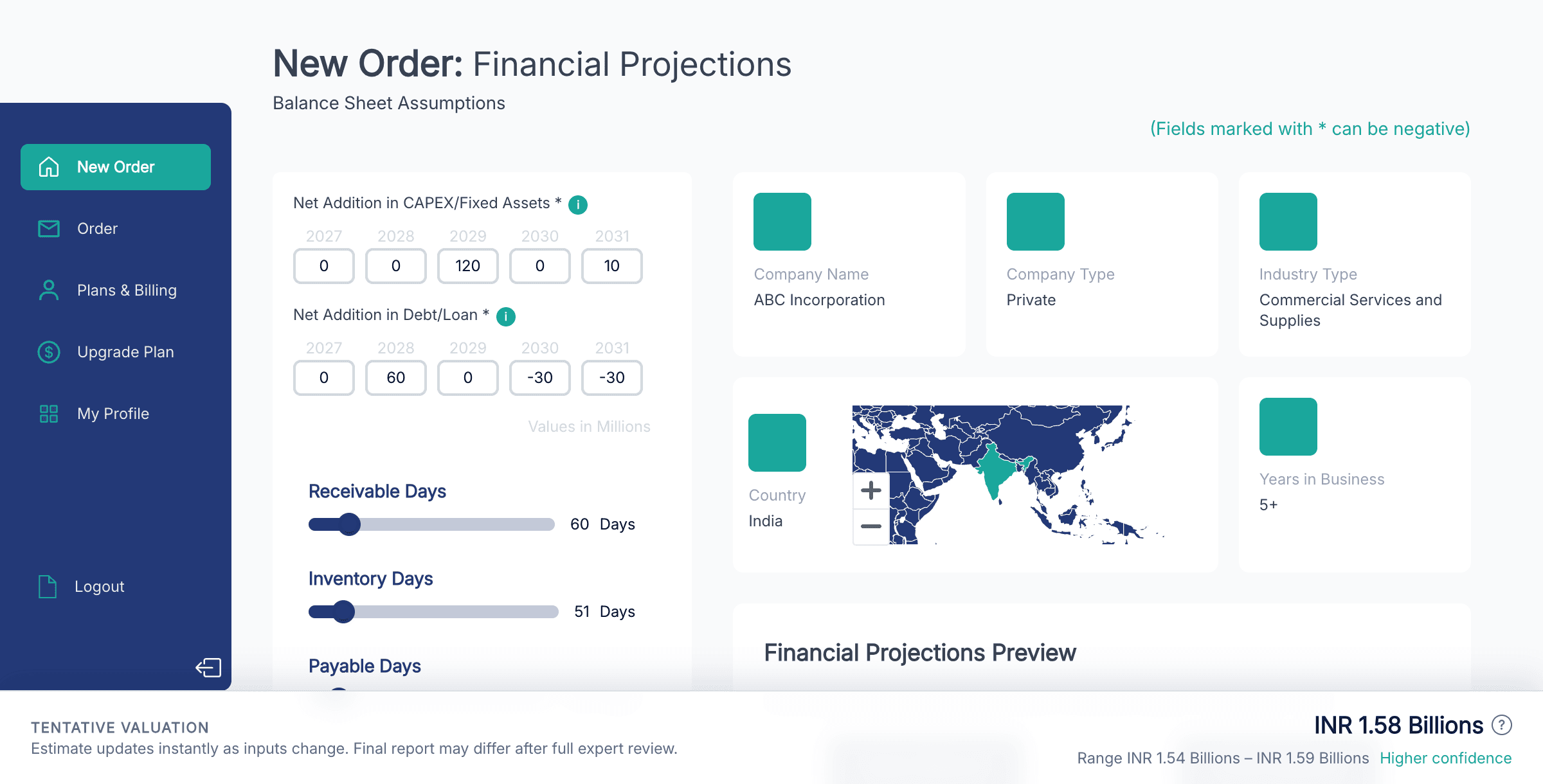 Financial projections and live tentative valuation